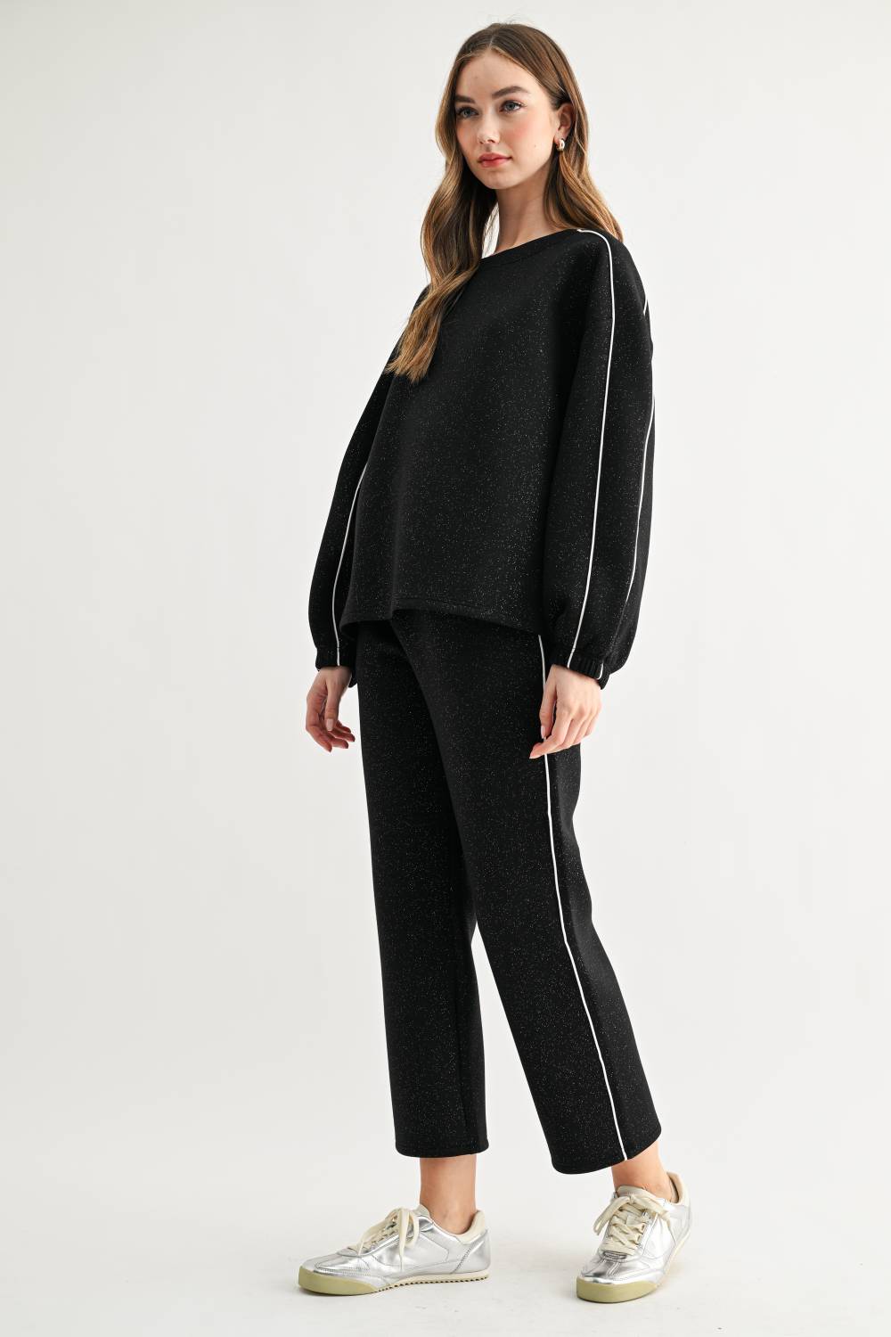 JOH Apparel Floriane Glitter Scuba Knit Long Sleeve Top