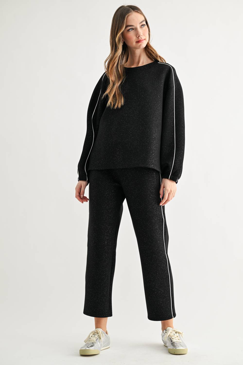 JOH Apparel Floriane Glitter Scuba Knit Long Sleeve Top