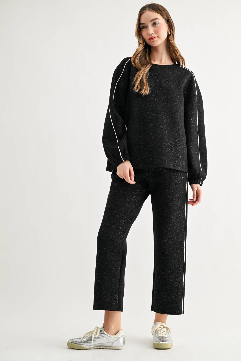 JOH Apparel Floriane Glitter Scuba Knit Long Sleeve Top