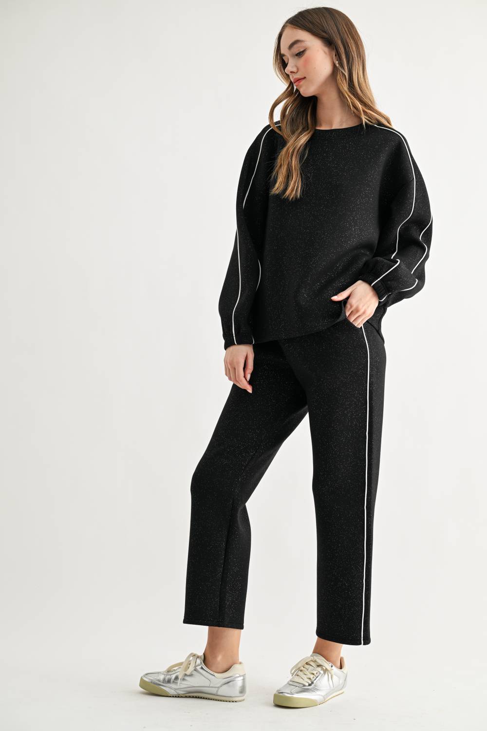 JOH Apparel Floriane Glitter Scuba Knit Long Sleeve Top