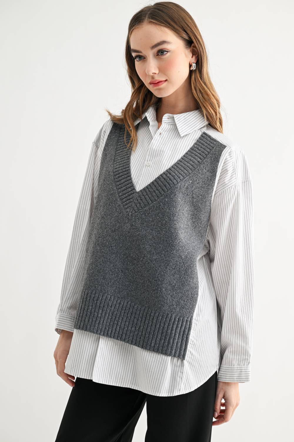 JOH Apparel Jett Layered Look Sweater Vest & Pinstripe Shirt Top