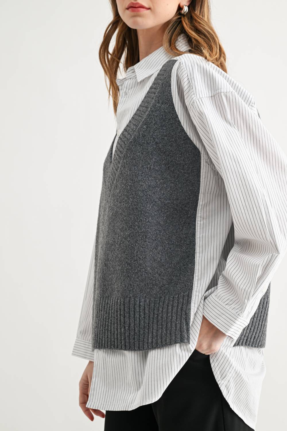 JOH Apparel Jett Layered Look Sweater Vest & Pinstripe Shirt Top