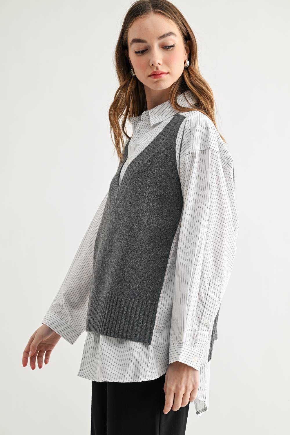 JOH Apparel Jett Layered Look Sweater Vest & Pinstripe Shirt Top