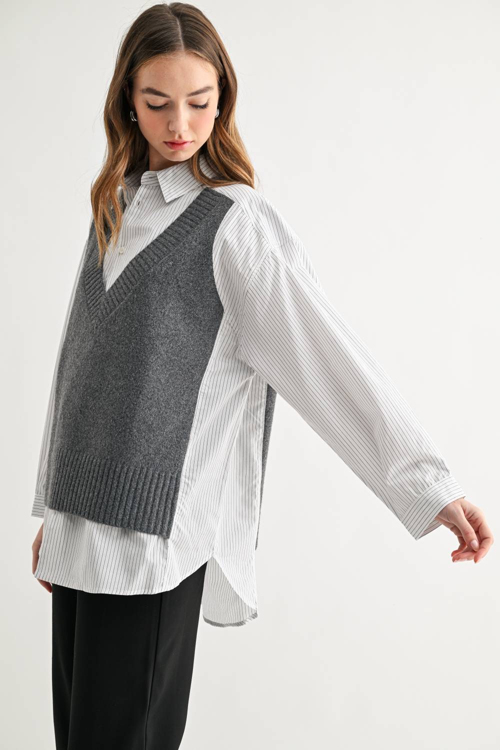 JOH Apparel Jett Layered Look Sweater Vest & Pinstripe Shirt Top