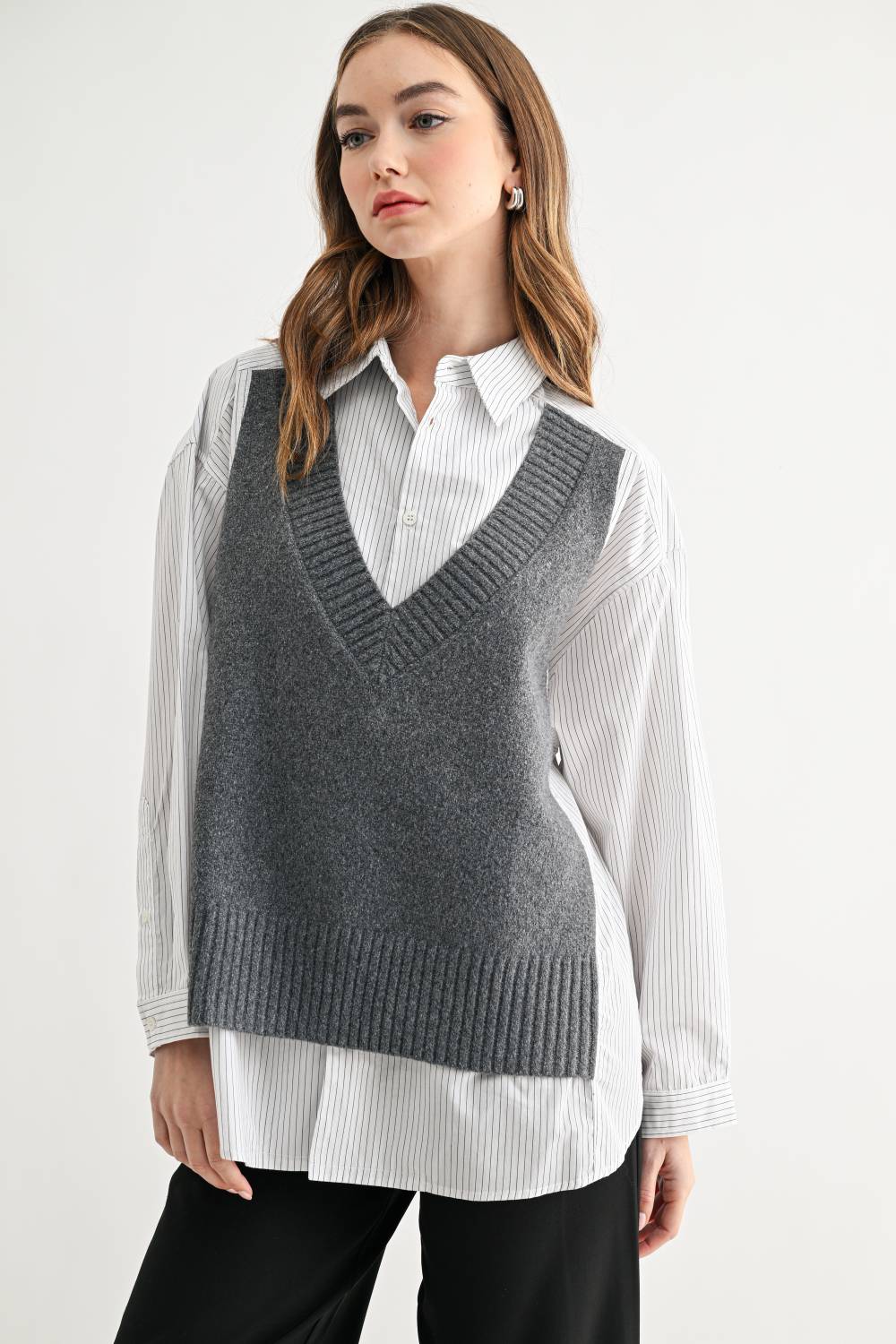 JOH Apparel Jett Layered Look Sweater Vest & Pinstripe Shirt Top