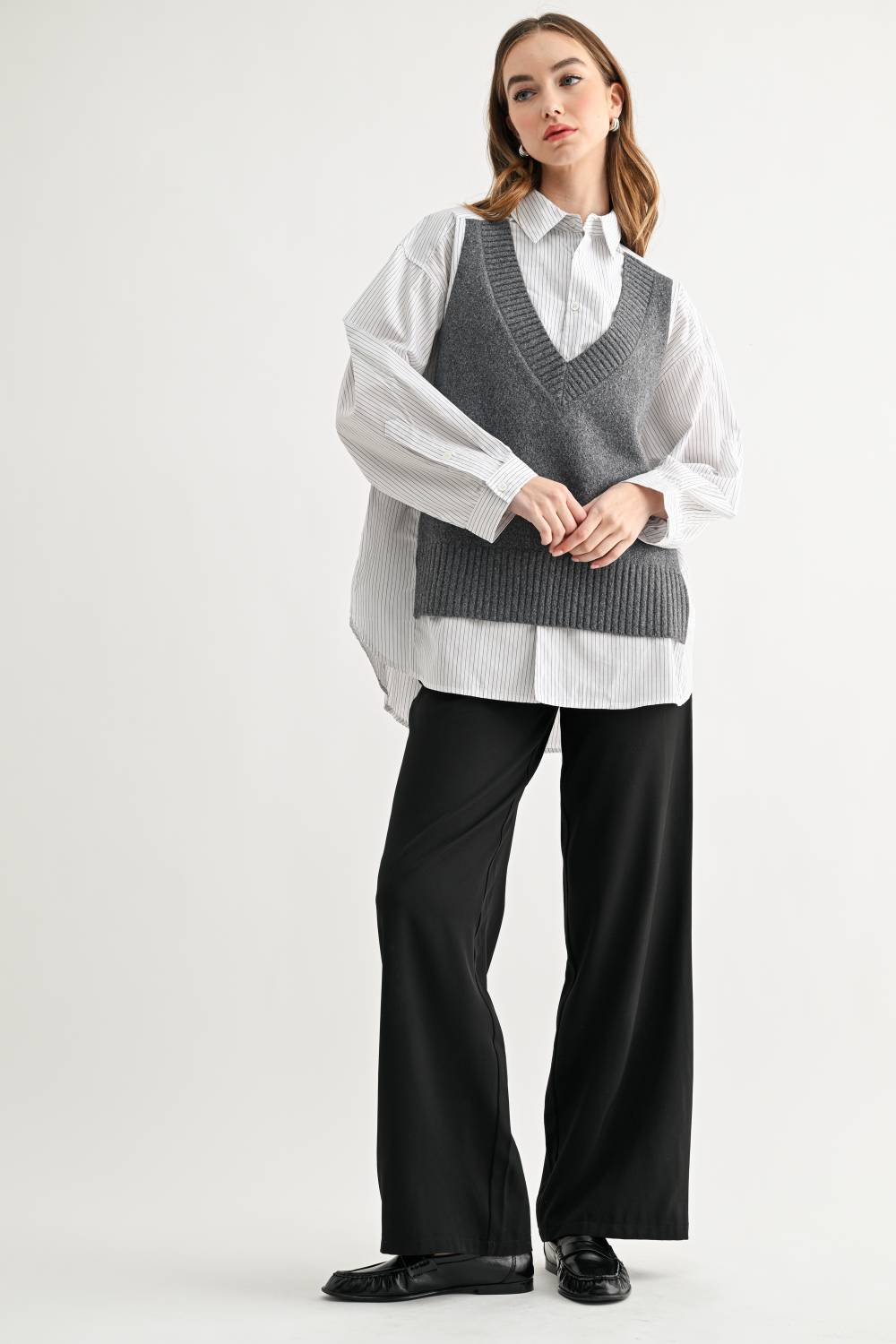 JOH Apparel Jett Layered Look Sweater Vest & Pinstripe Shirt Top