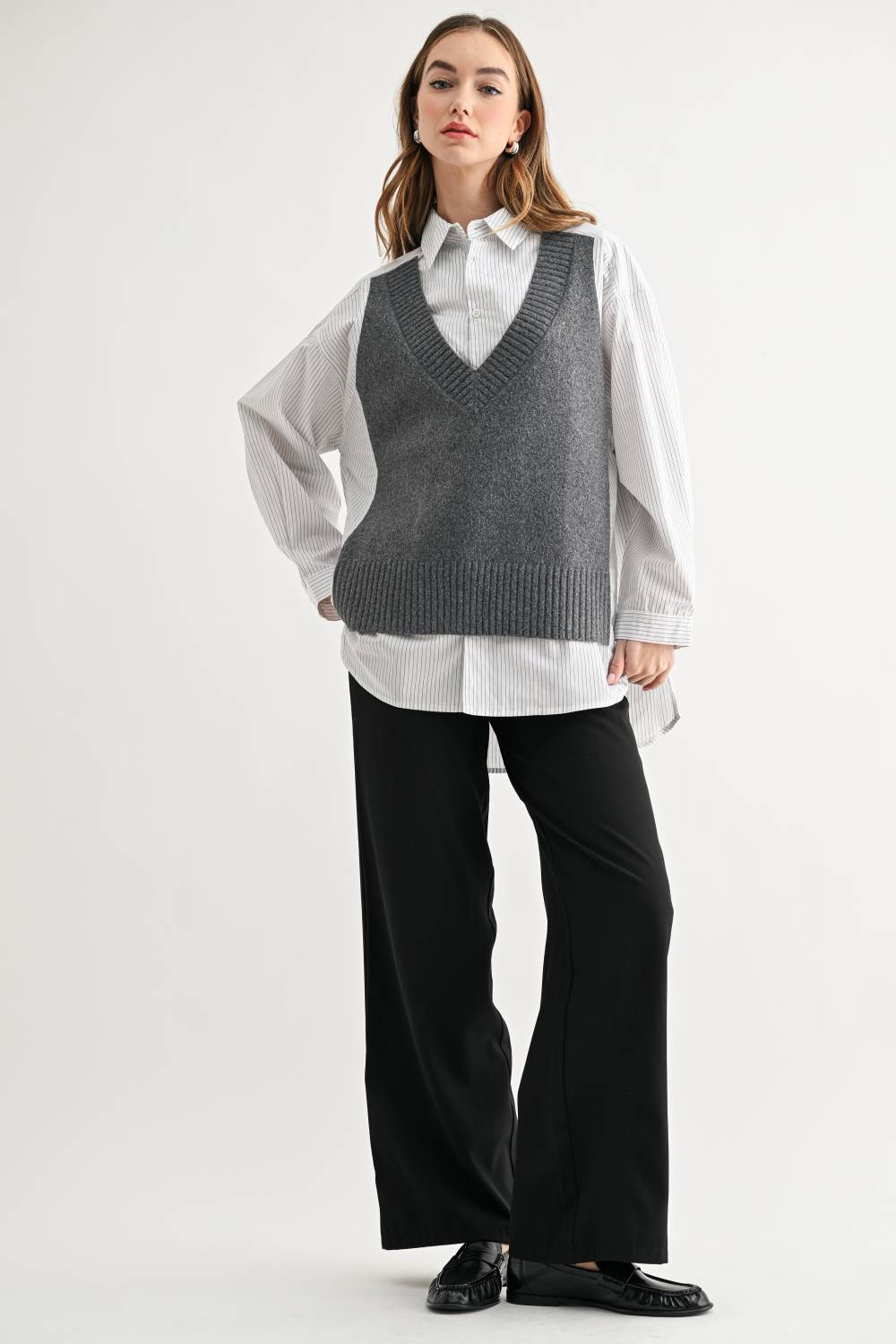 JOH Apparel Jett Layered Look Sweater Vest & Pinstripe Shirt Top