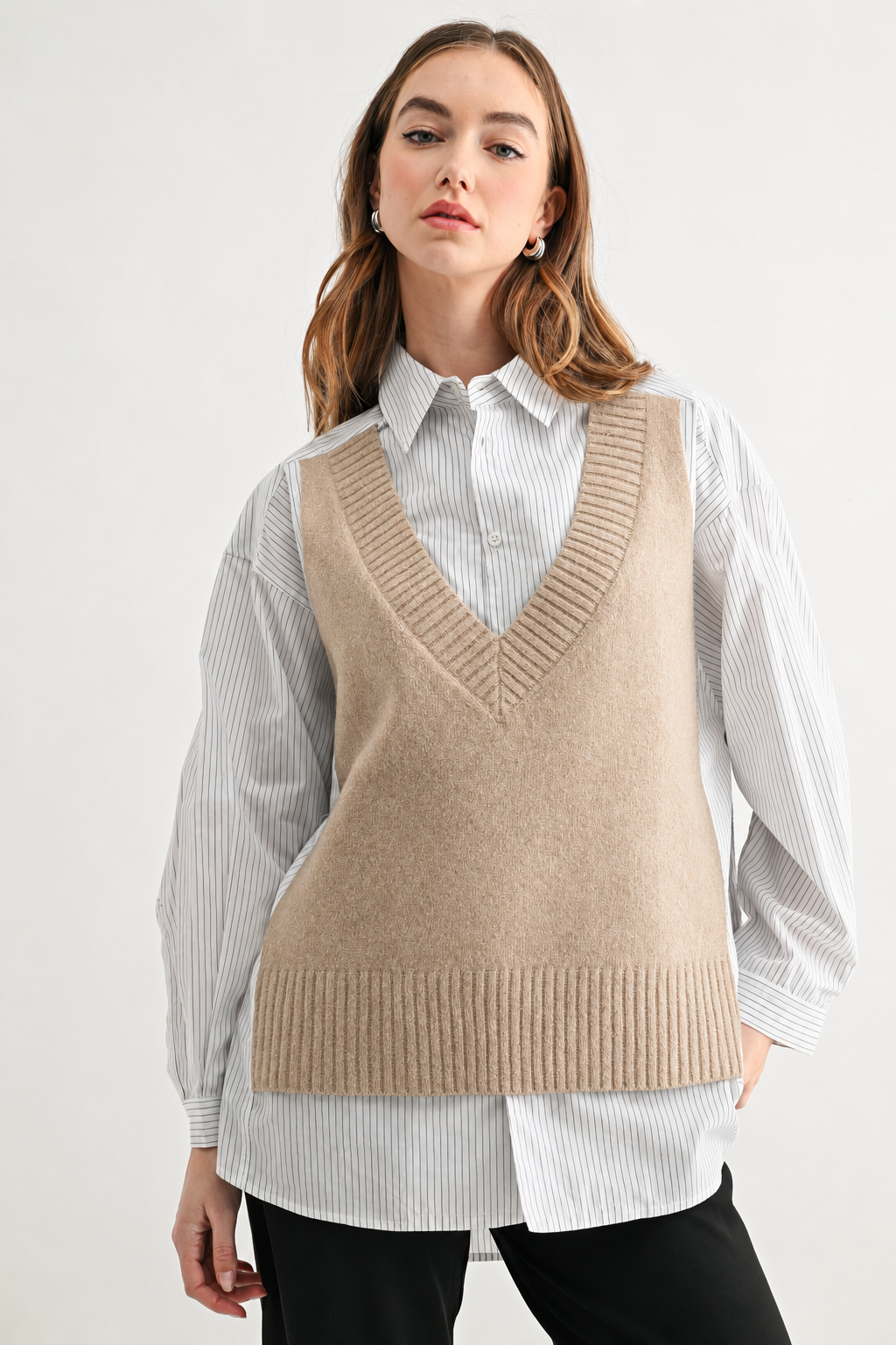 JOH Apparel Jett Layered Look Sweater Vest & Pinstripe Shirt Top