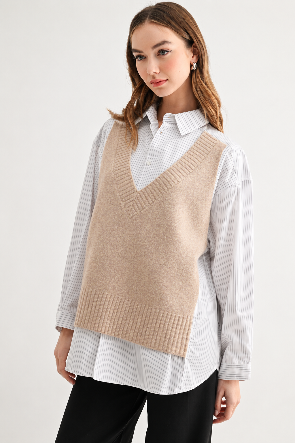 JOH Apparel Jett Layered Look Sweater Vest & Pinstripe Shirt Top