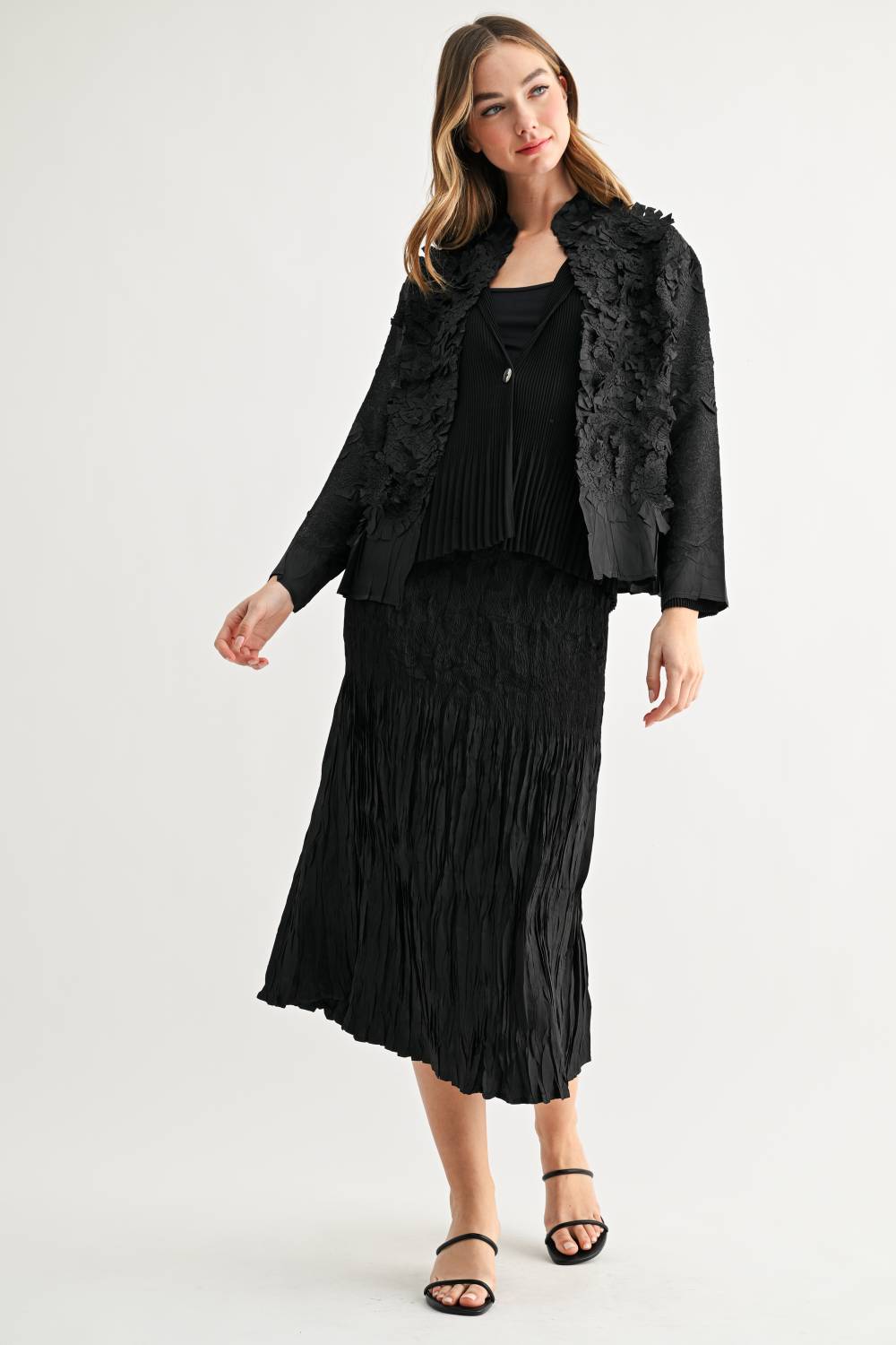 JOH Apparel Connor Crinkle Pleated Smocked Midi Skirt