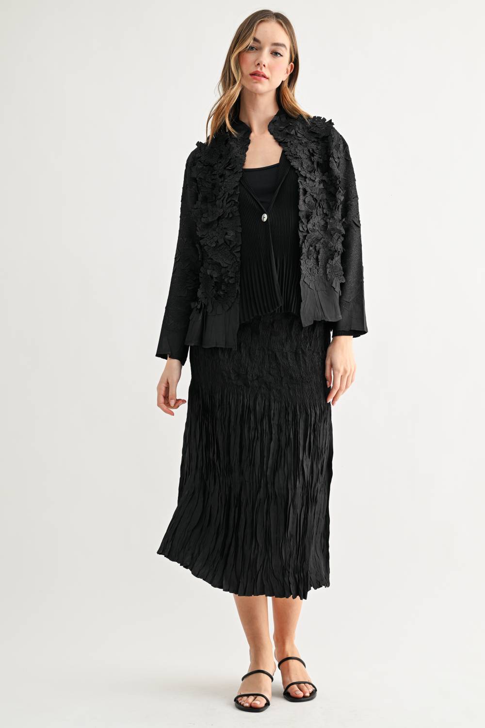 JOH Apparel Connor Crinkle Pleated Smocked Midi Skirt