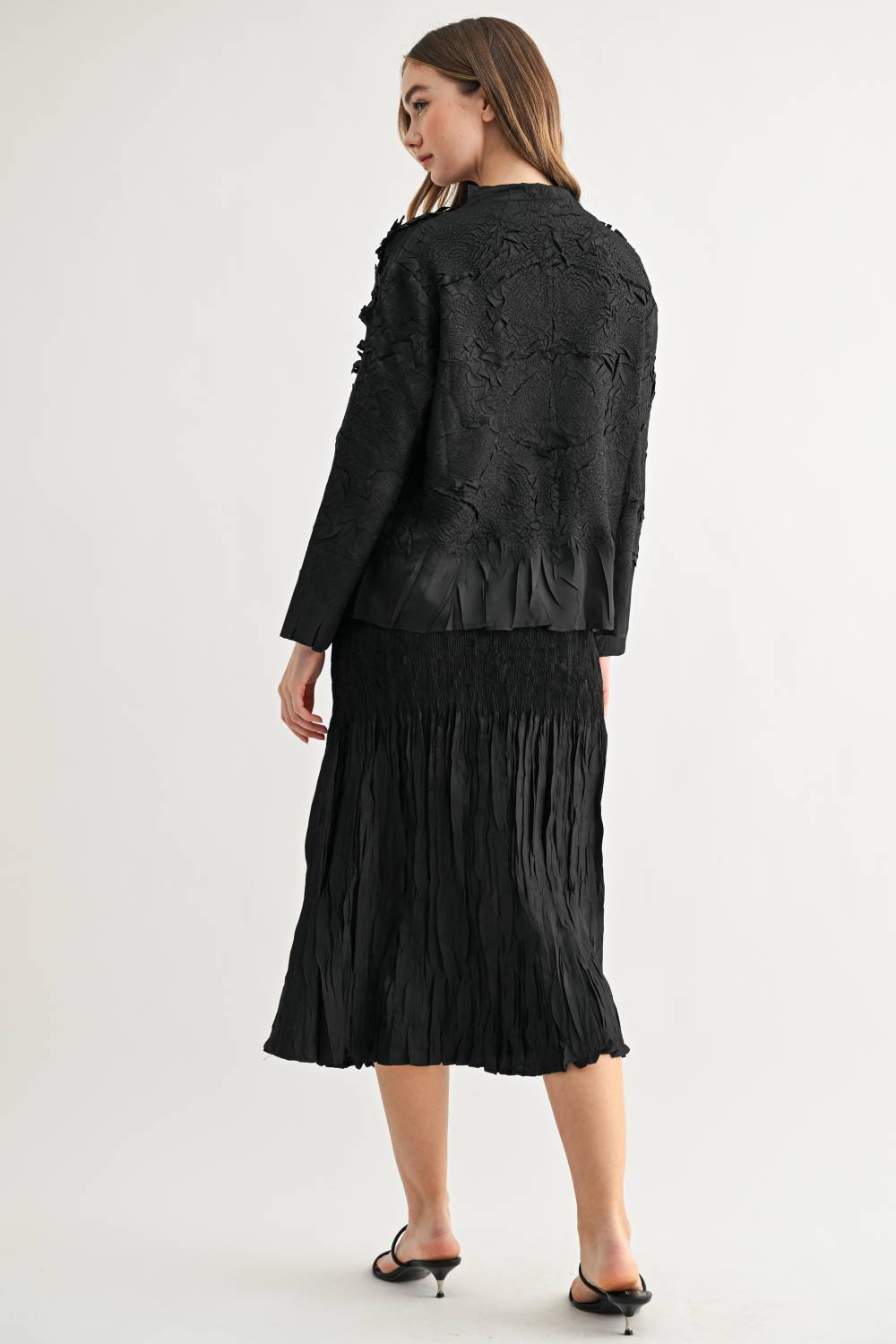 JOH Apparel Connor Crinkle Pleated Smocked Midi Skirt