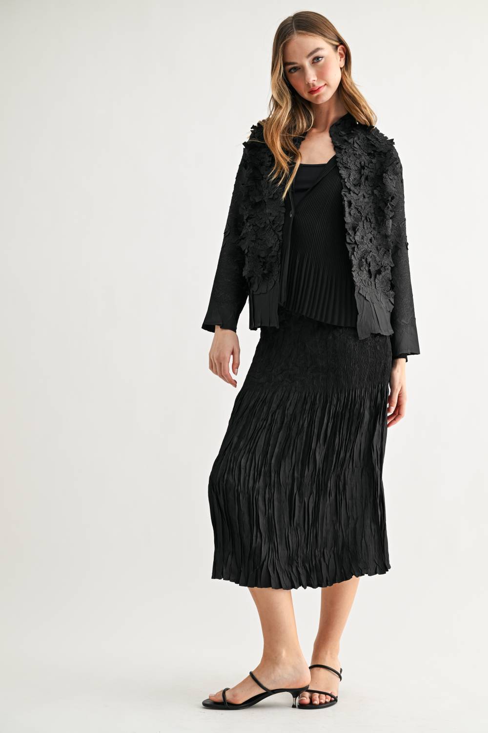 JOH Apparel Connor Crinkle Pleated Smocked Midi Skirt