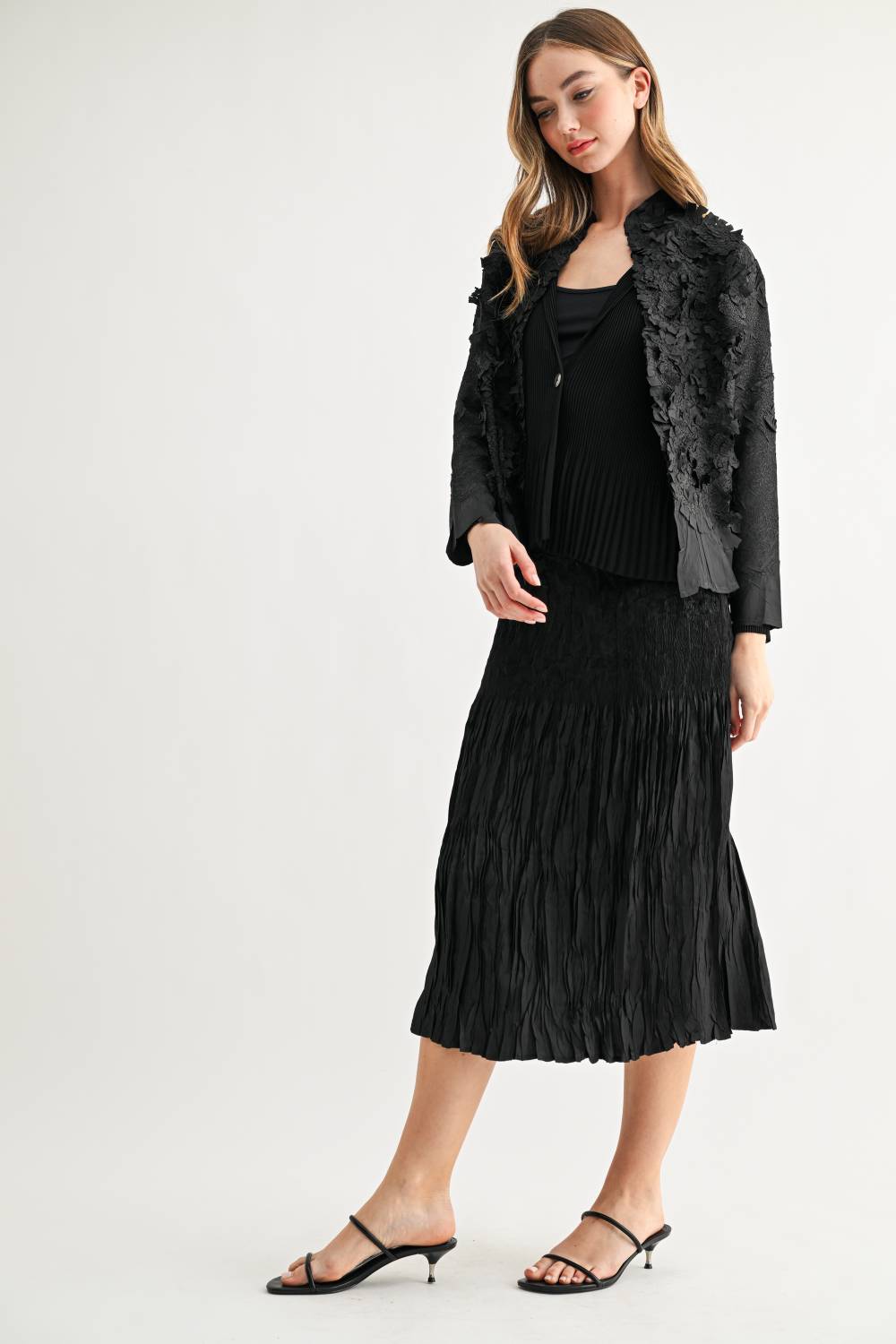 JOH Apparel Connor Crinkle Pleated Smocked Midi Skirt