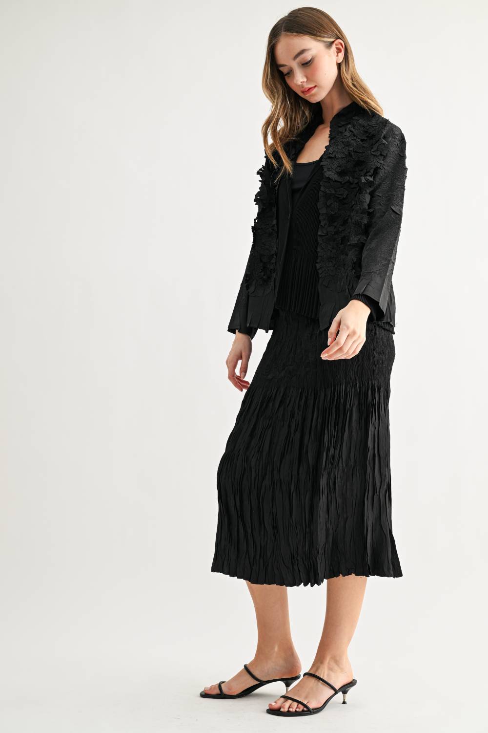 JOH Apparel Connor Crinkle Pleated Smocked Midi Skirt