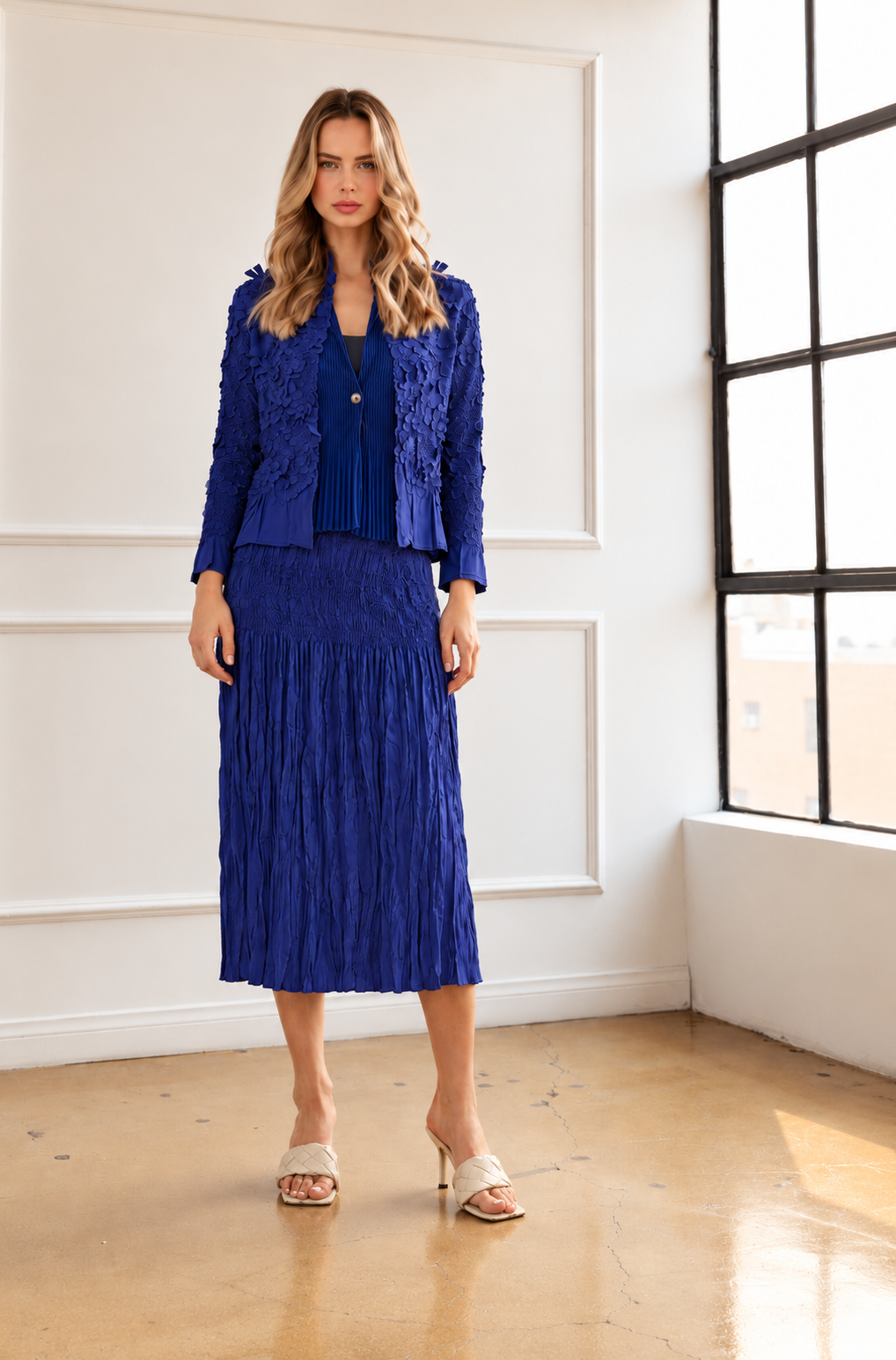 JOH Apparel Connor Crinkle Pleated Smocked Midi Skirt