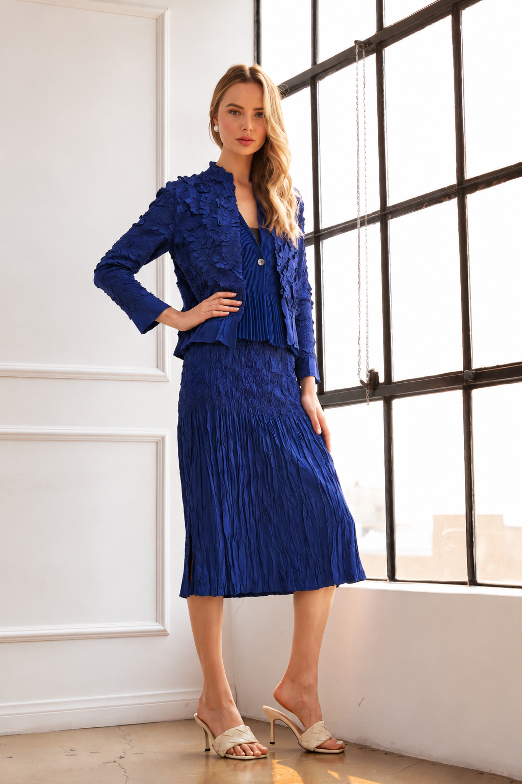 JOH Apparel Connor Crinkle Pleated Smocked Midi Skirt