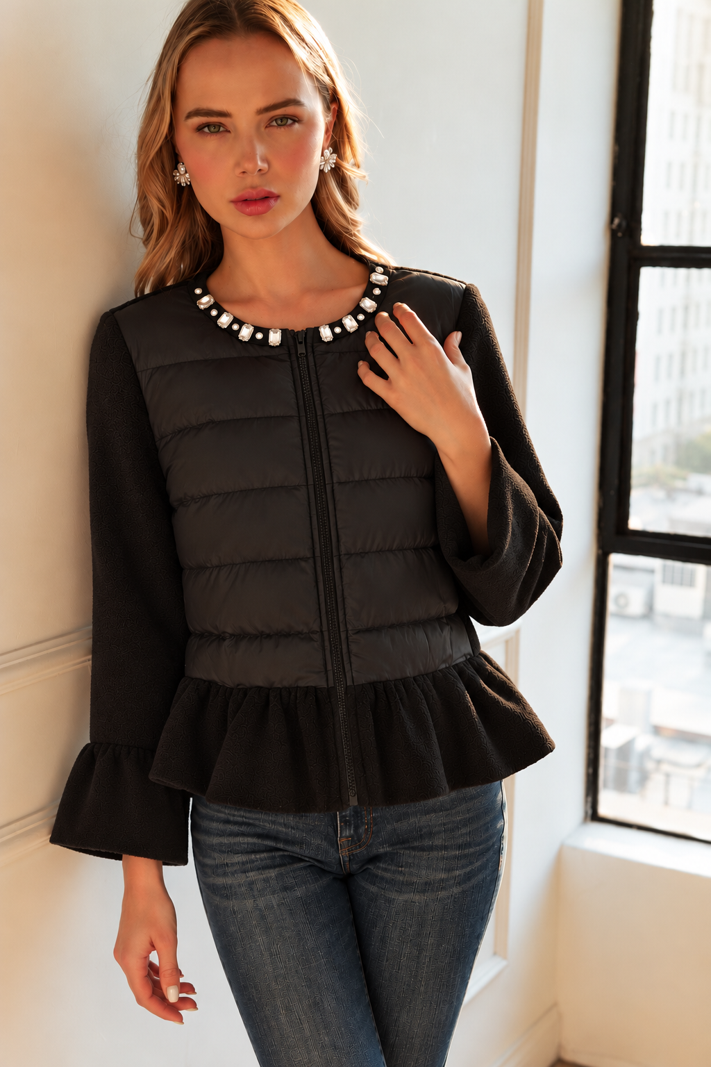 JOH Apparel James Jewel-Embellished Peplum Puffer Jacket
