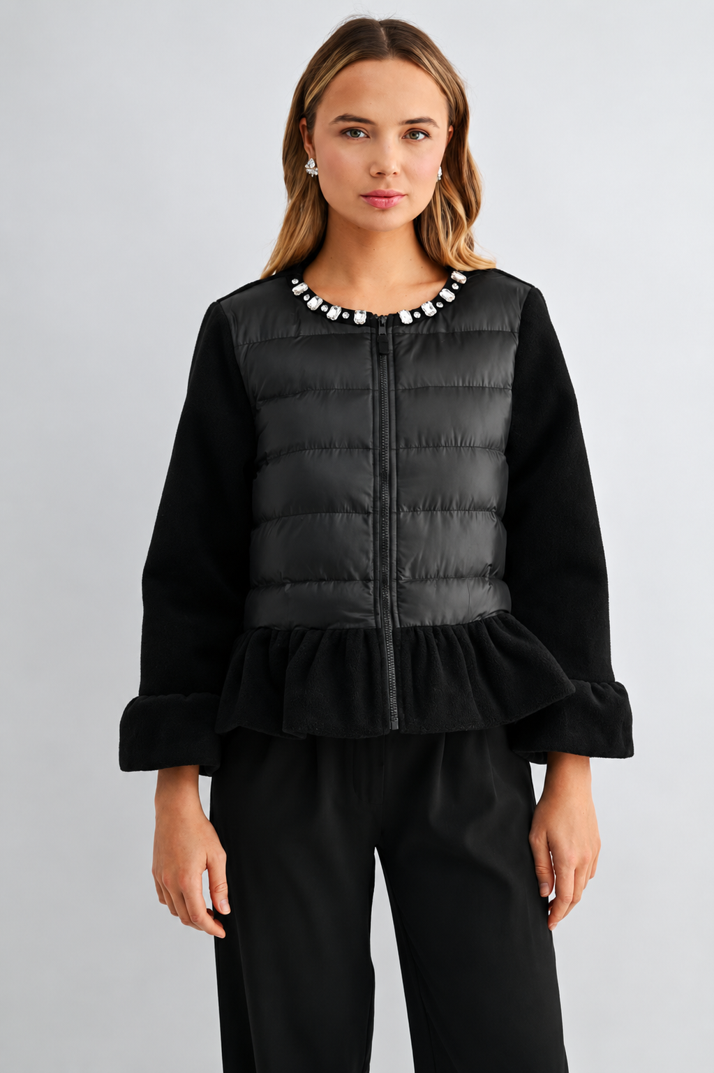 JOH Apparel James Jewel-Embellished Peplum Puffer Jacket
