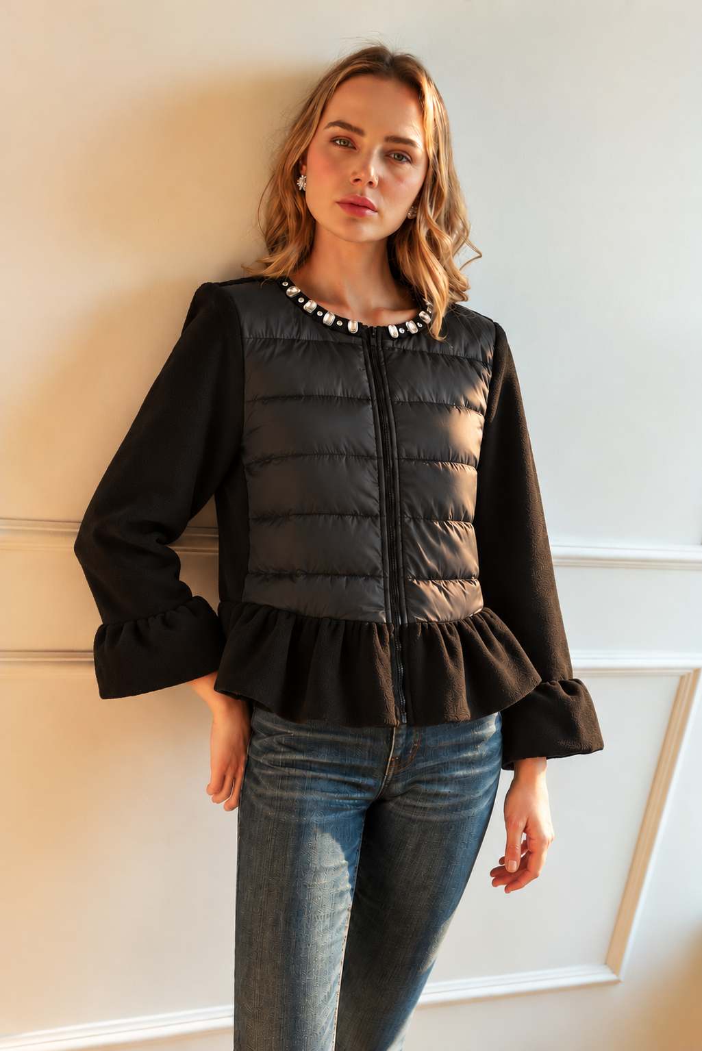 JOH Apparel James Jewel-Embellished Peplum Puffer Jacket
