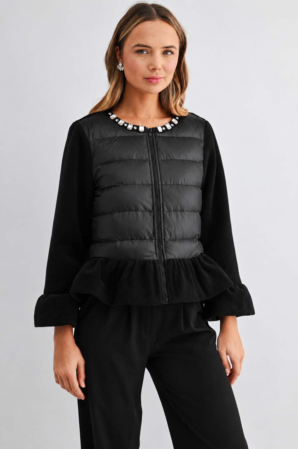JOH Apparel James Jewel-Embellished Peplum Puffer Jacket