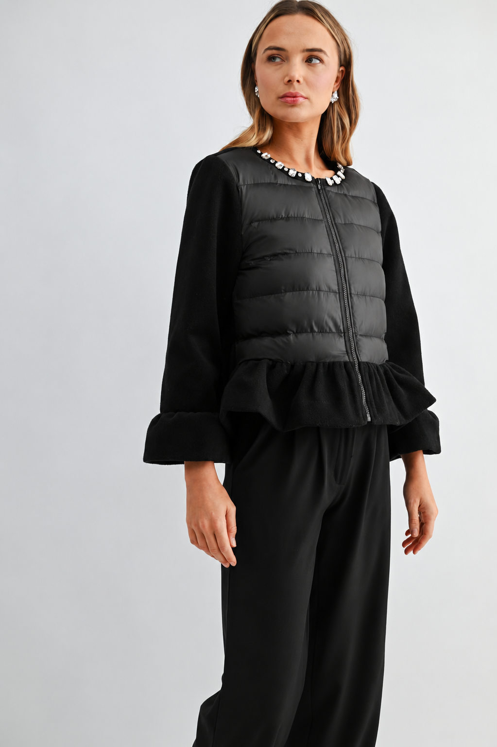 JOH Apparel James Jewel-Embellished Peplum Puffer Jacket