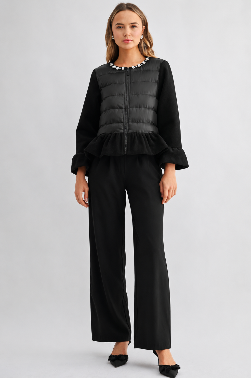 JOH Apparel James Jewel-Embellished Peplum Puffer Jacket