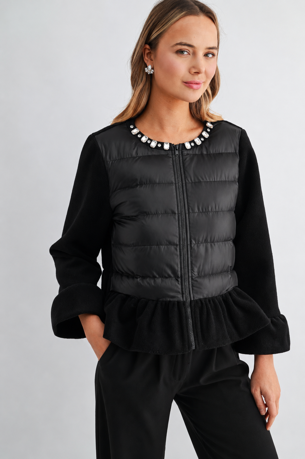 JOH Apparel James Jewel-Embellished Peplum Puffer Jacket