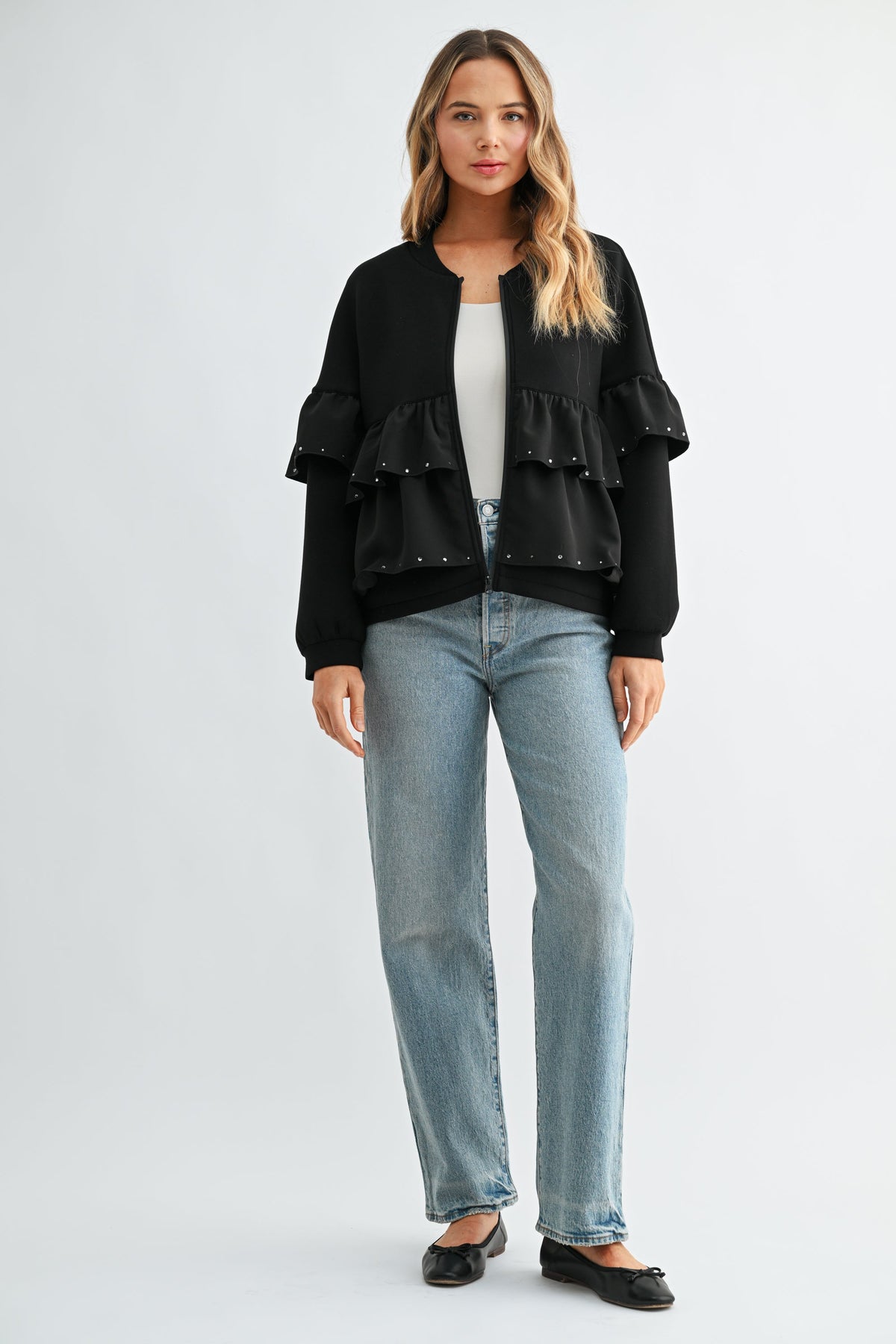 JOH Apparel Fenya Studded Ruffle Scuba Jacket