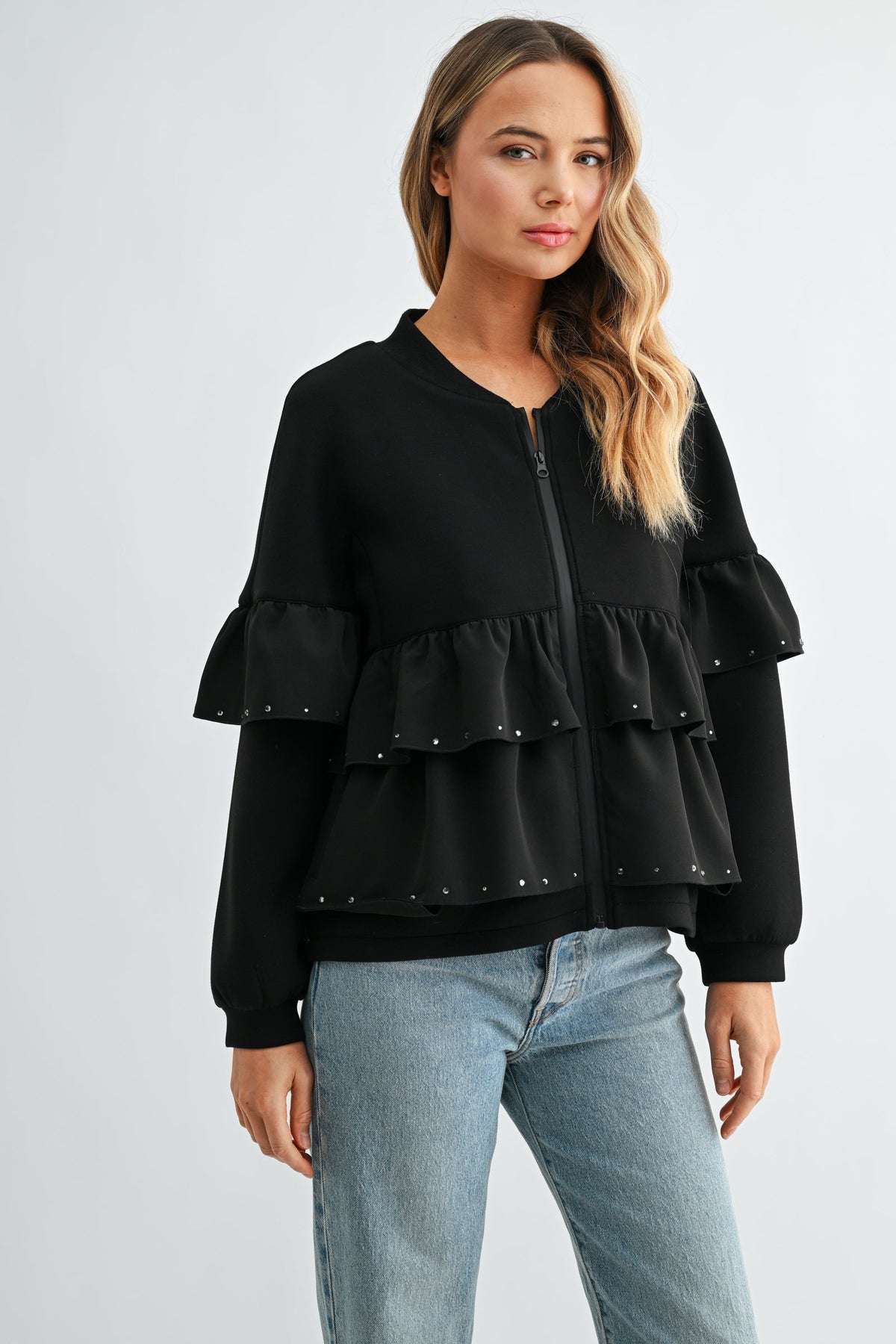 JOH Apparel Fenya Studded Ruffle Scuba Jacket