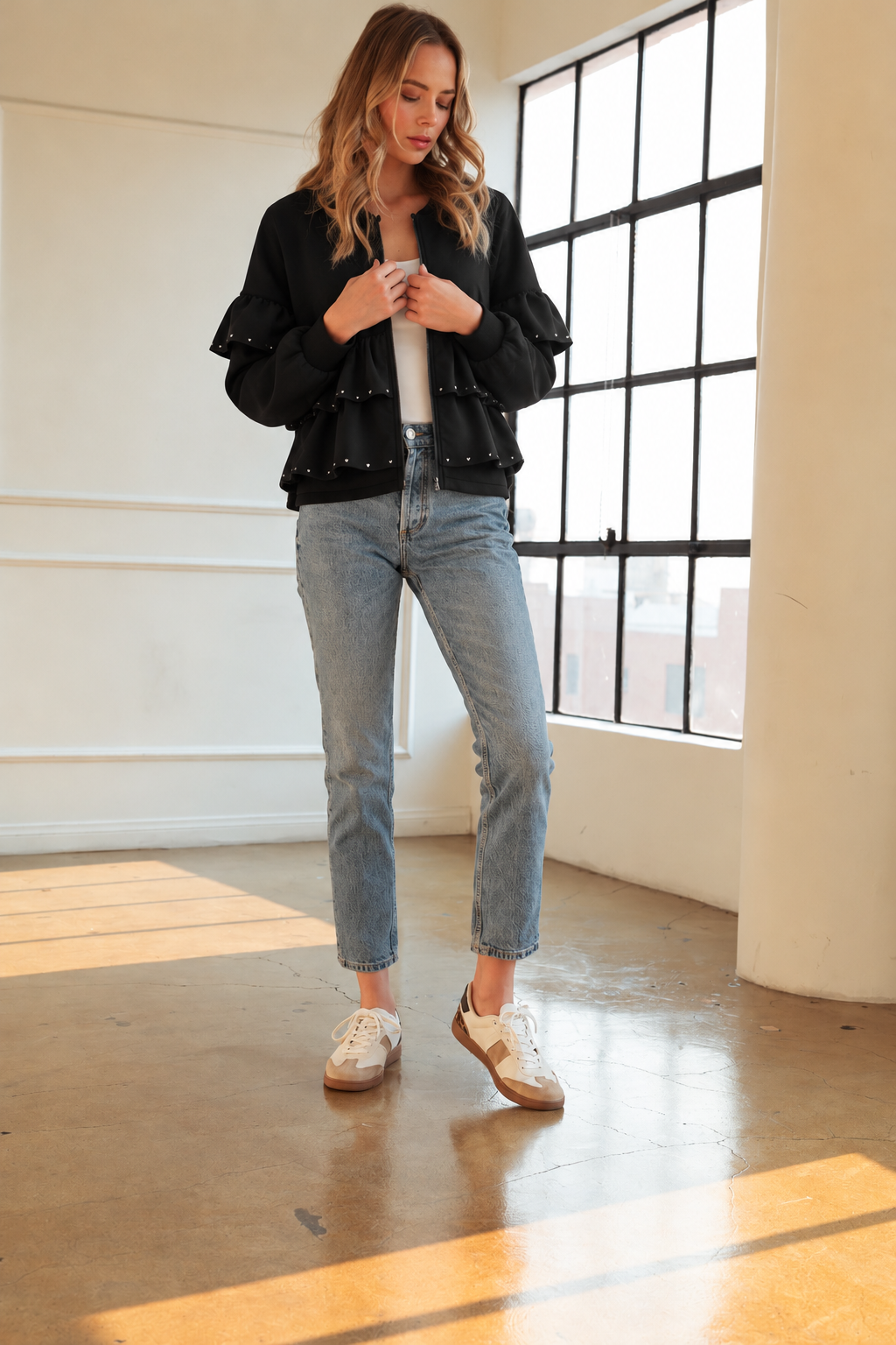 JOH Apparel Fenya Studded Ruffle Scuba Jacket