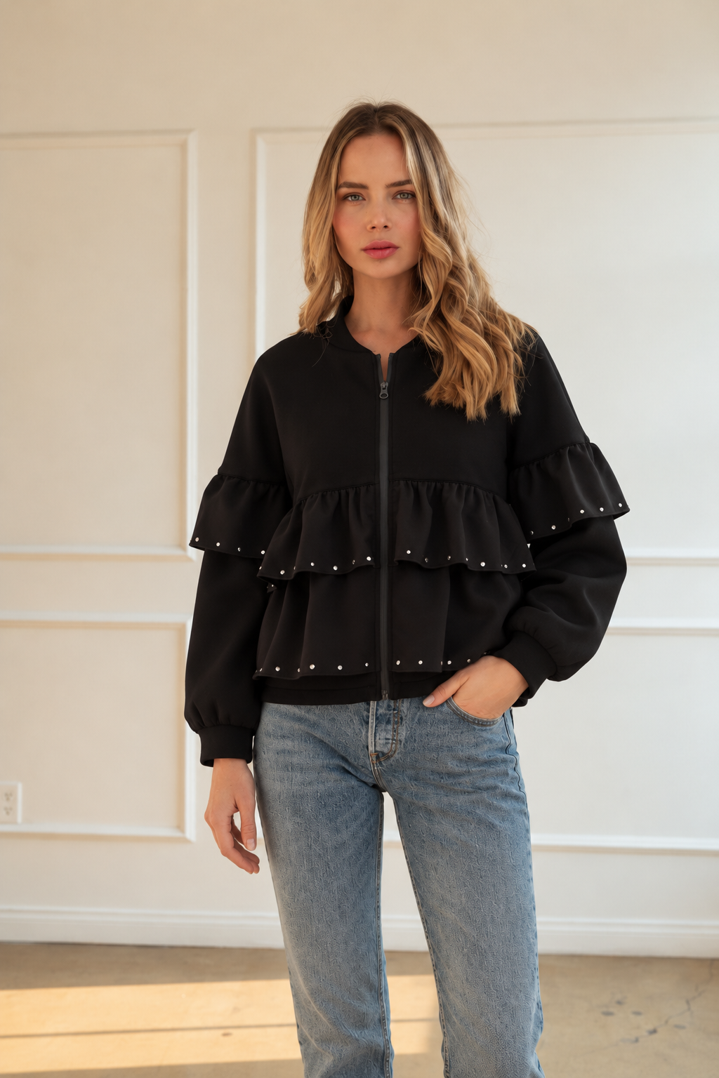 JOH Apparel Fenya Studded Ruffle Scuba Jacket