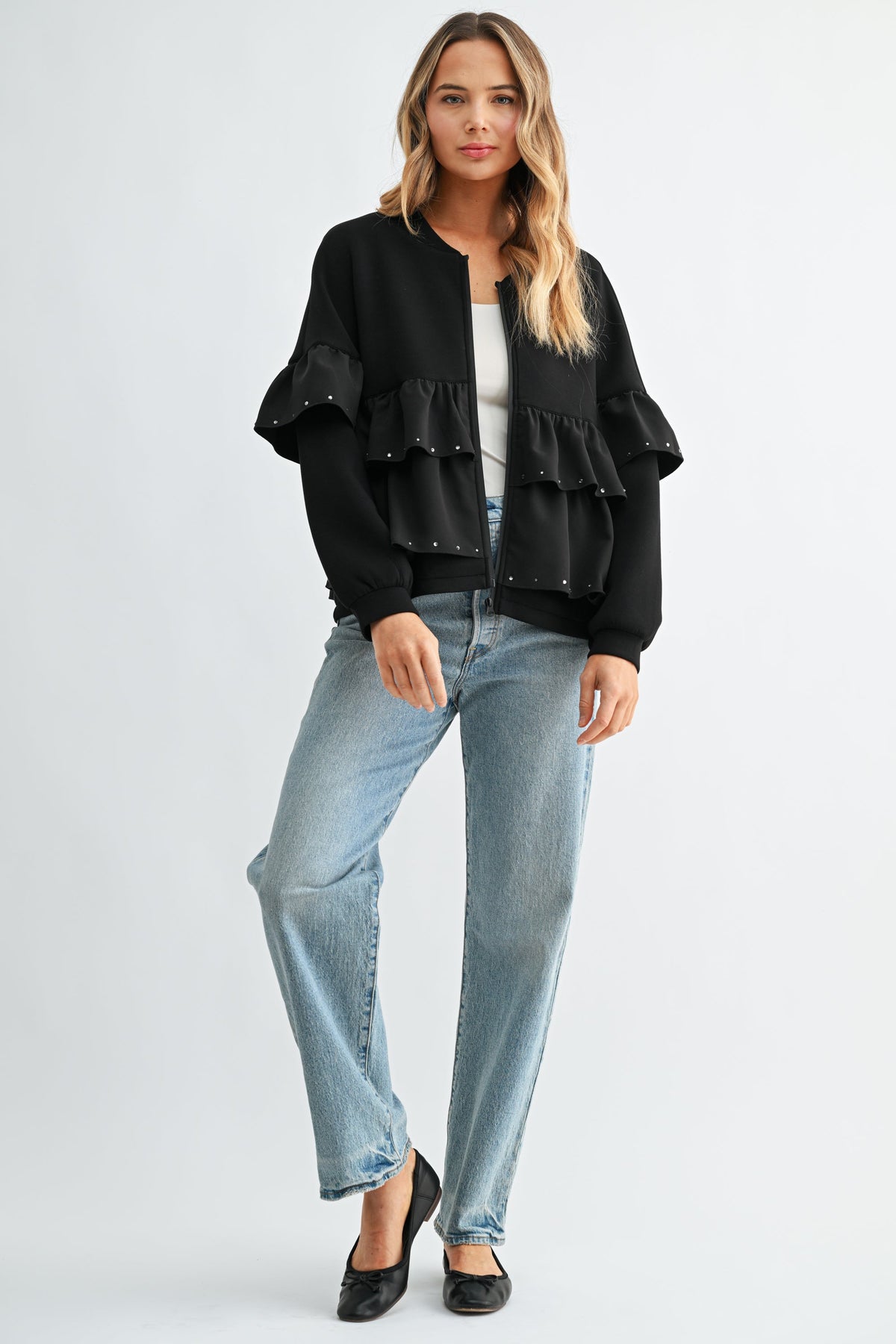 JOH Apparel Fenya Studded Ruffle Scuba Jacket