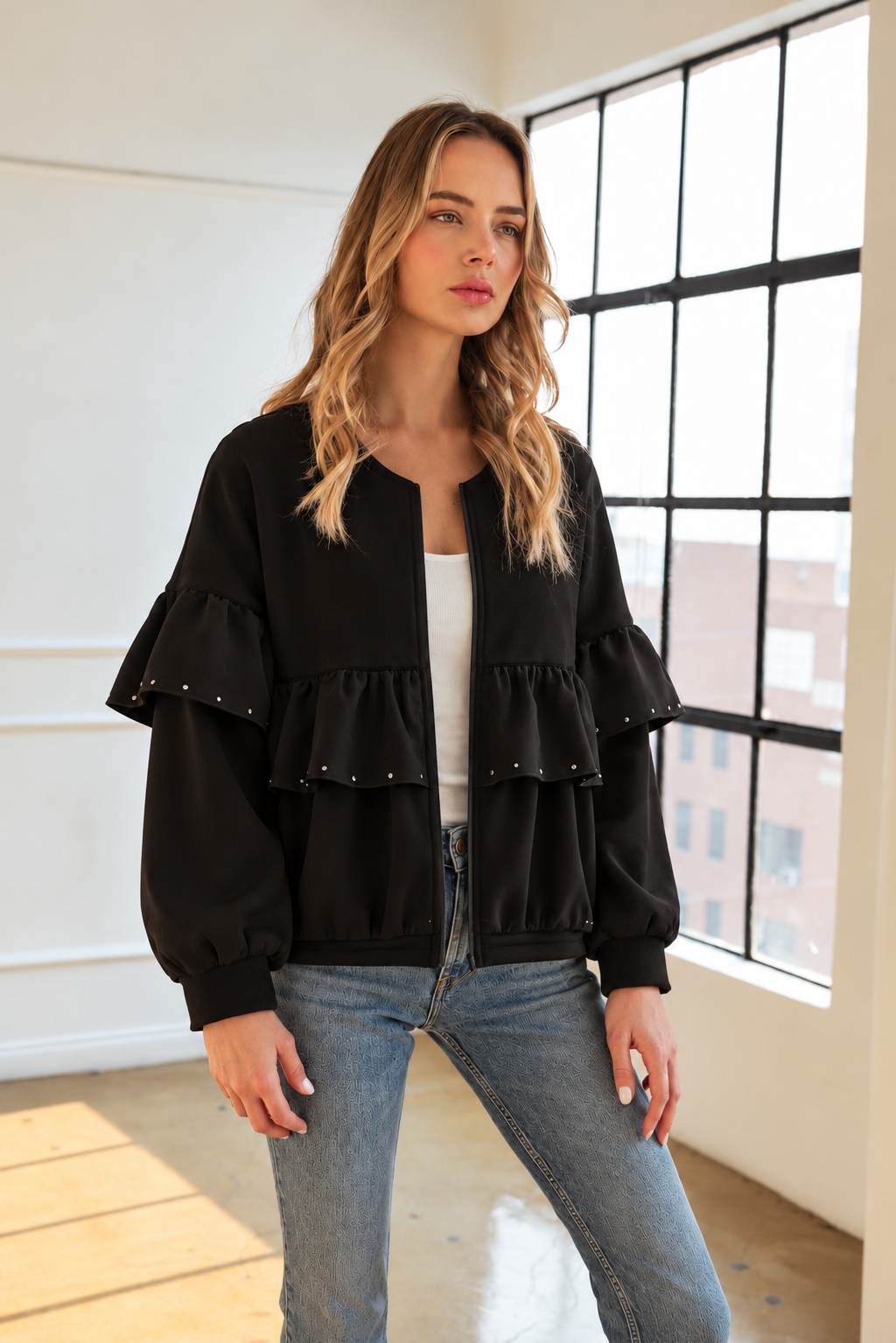 JOH Apparel Fenya Studded Ruffle Scuba Jacket