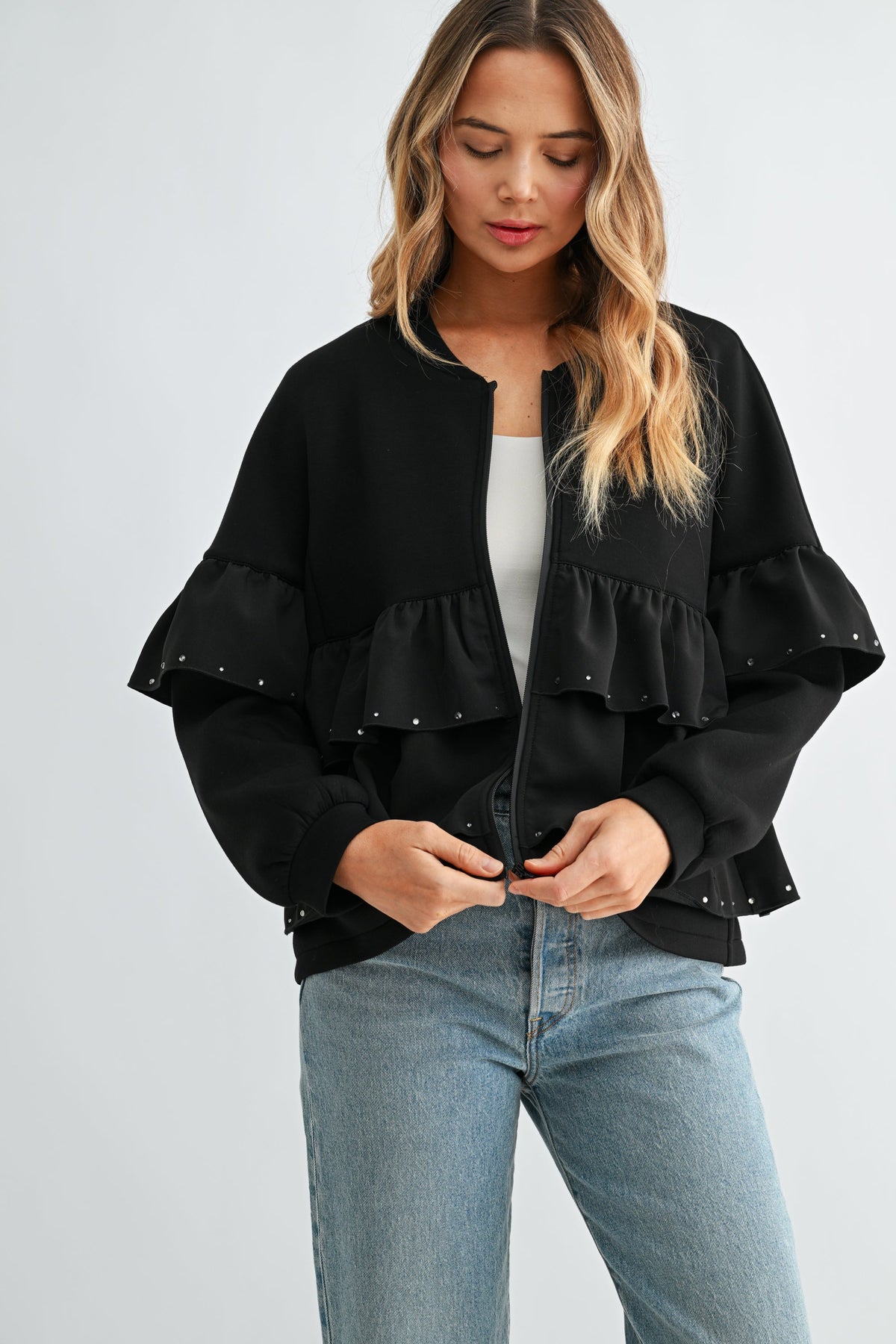 JOH Apparel Fenya Studded Ruffle Scuba Jacket