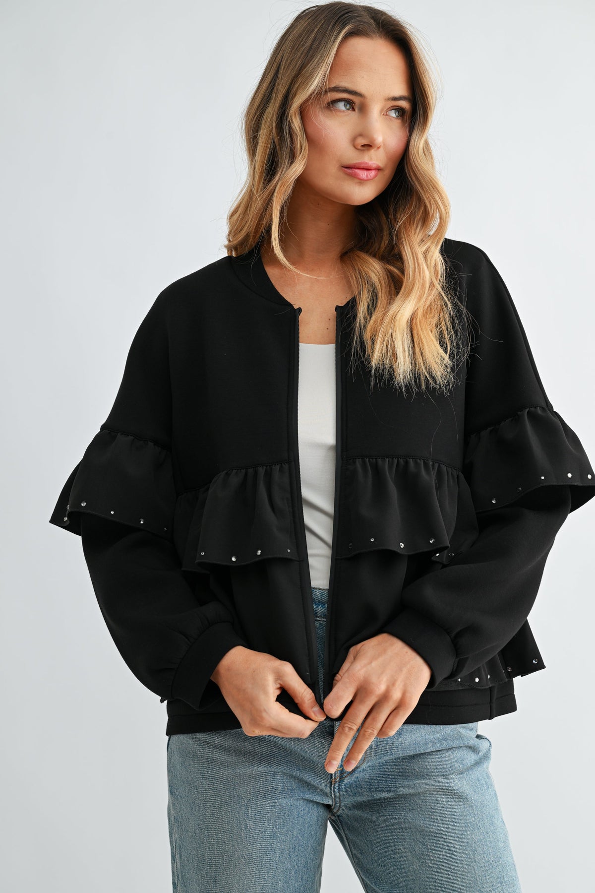 JOH Apparel Fenya Studded Ruffle Scuba Jacket