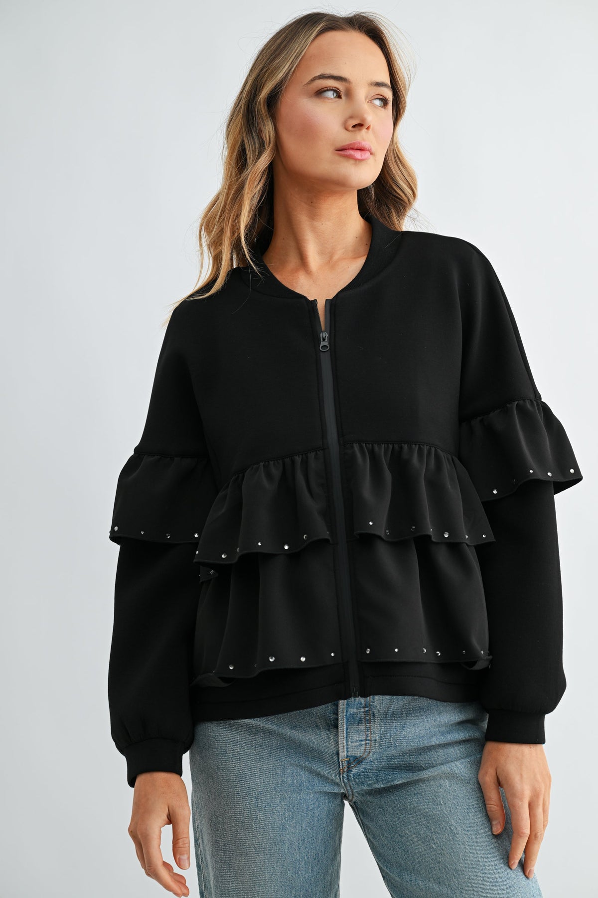 JOH Apparel Fenya Studded Ruffle Scuba Jacket