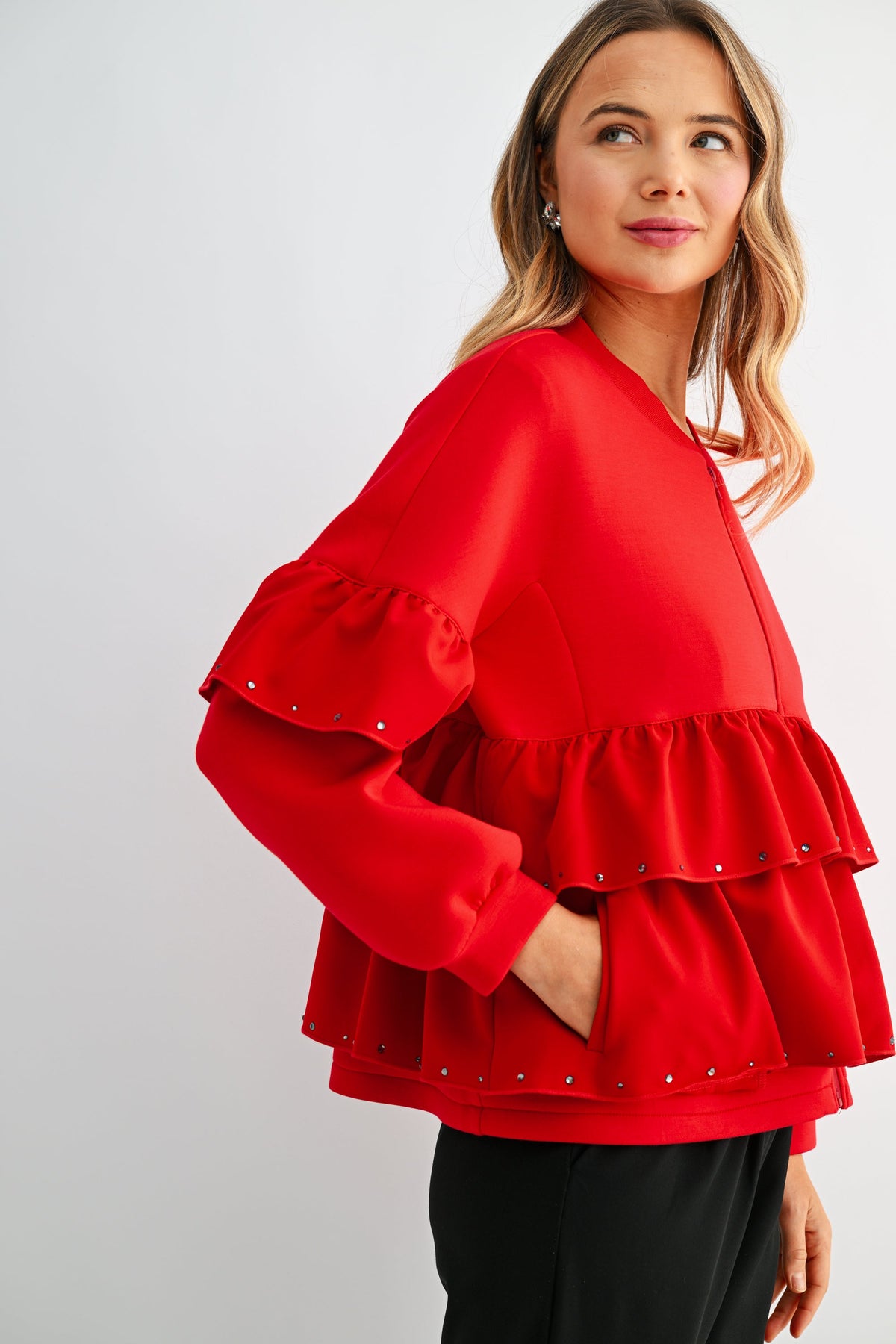JOH Apparel Fenya Studded Ruffle Scuba Jacket