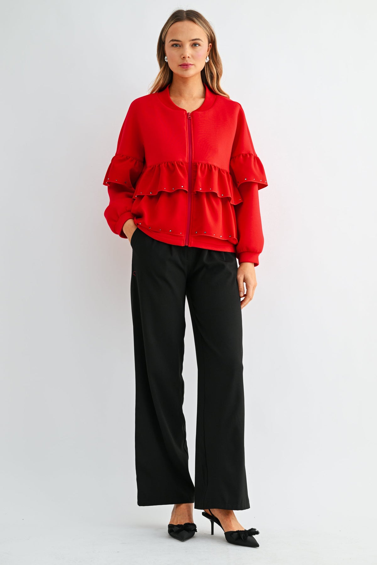 JOH Apparel Fenya Studded Ruffle Scuba Jacket