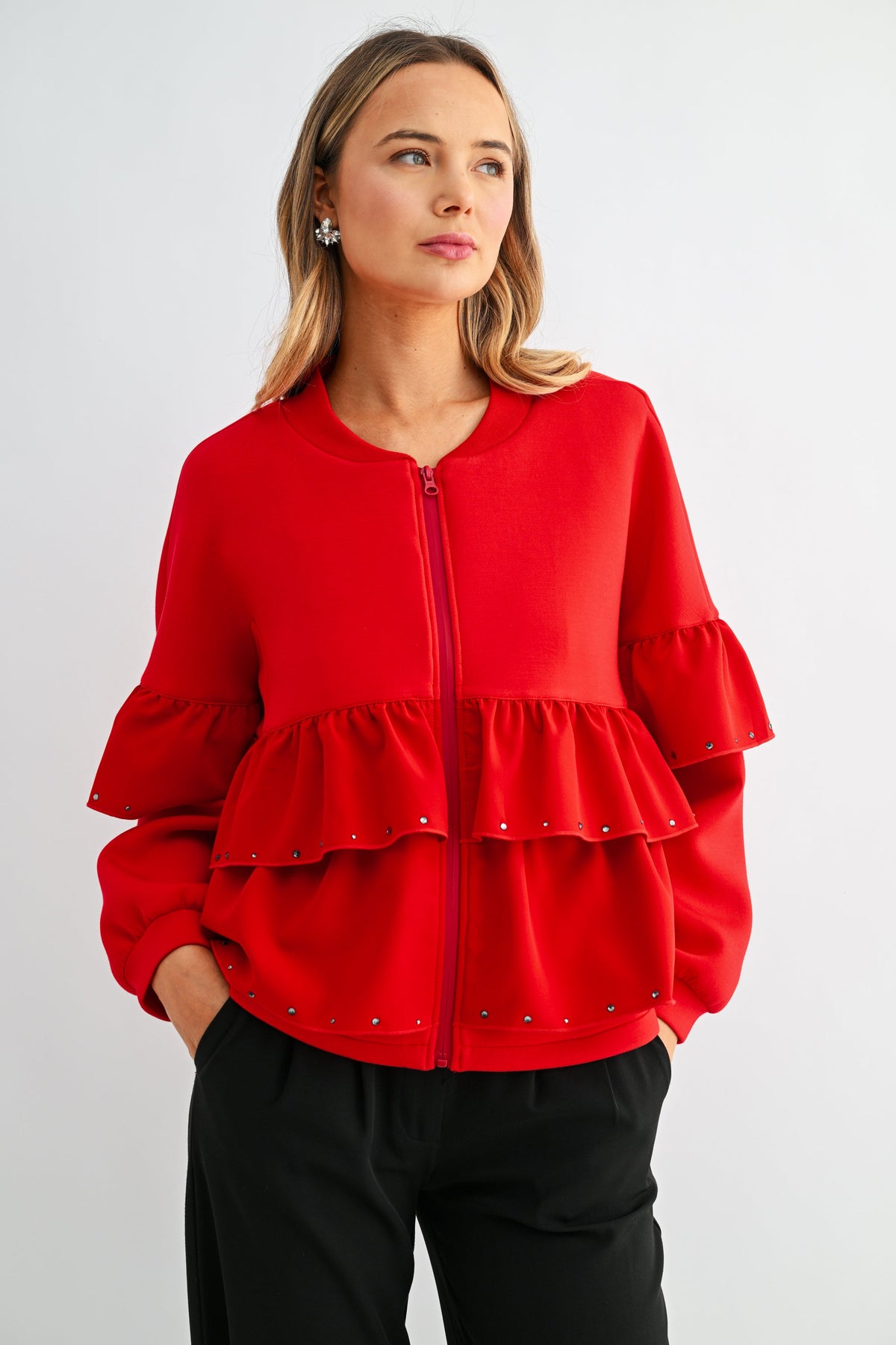JOH Apparel Fenya Studded Ruffle Scuba Jacket