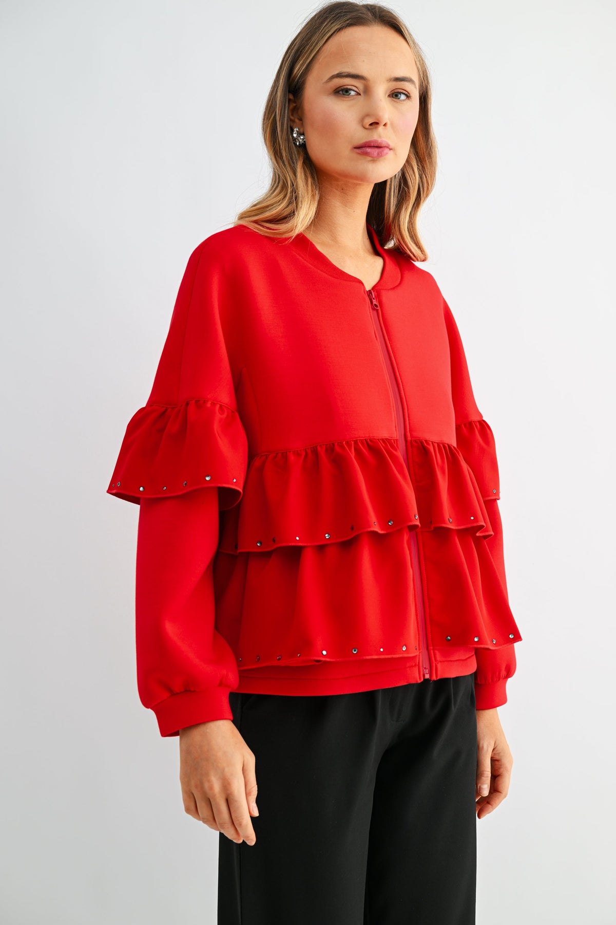 JOH Apparel Fenya Studded Ruffle Scuba Jacket