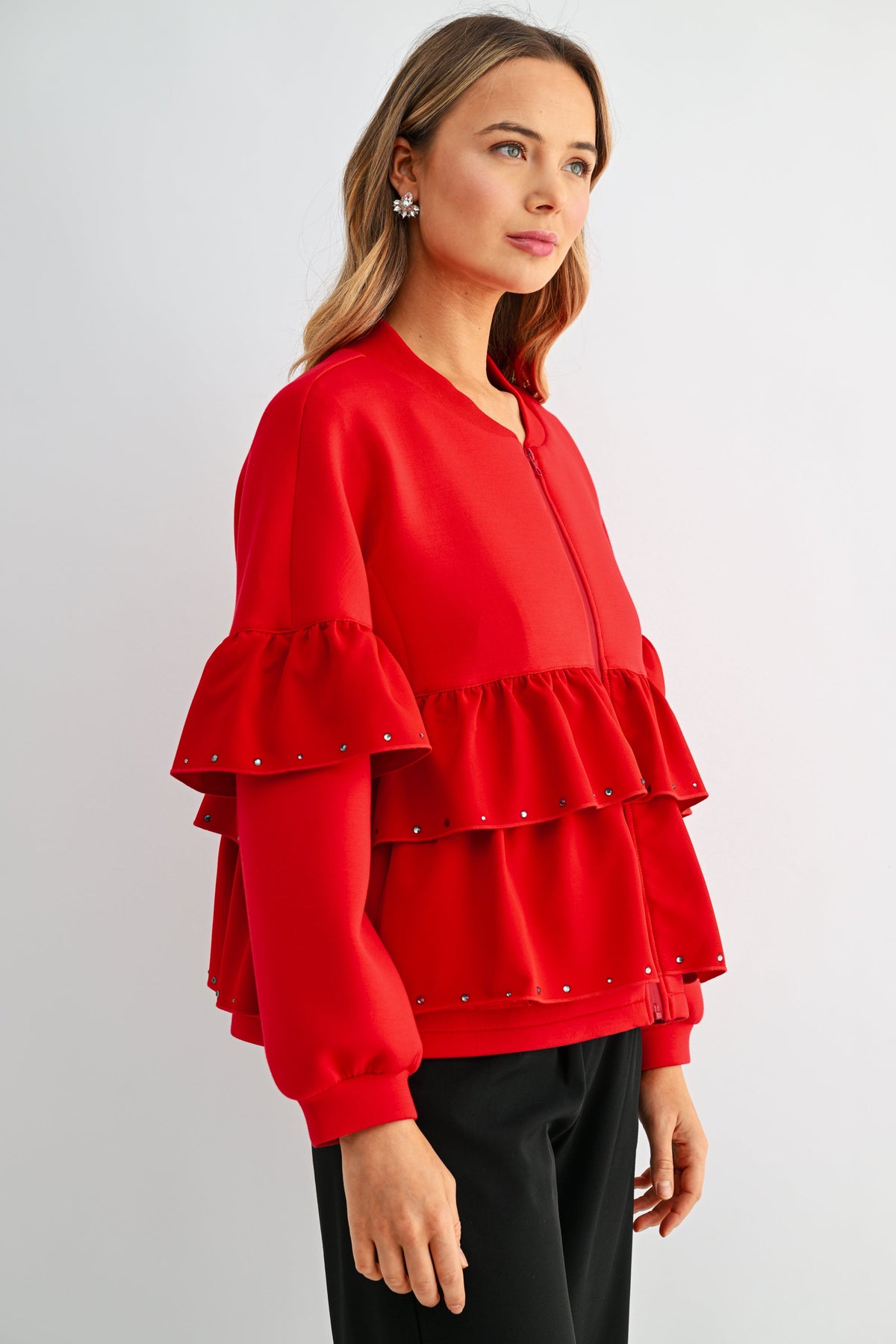 JOH Apparel Fenya Studded Ruffle Scuba Jacket