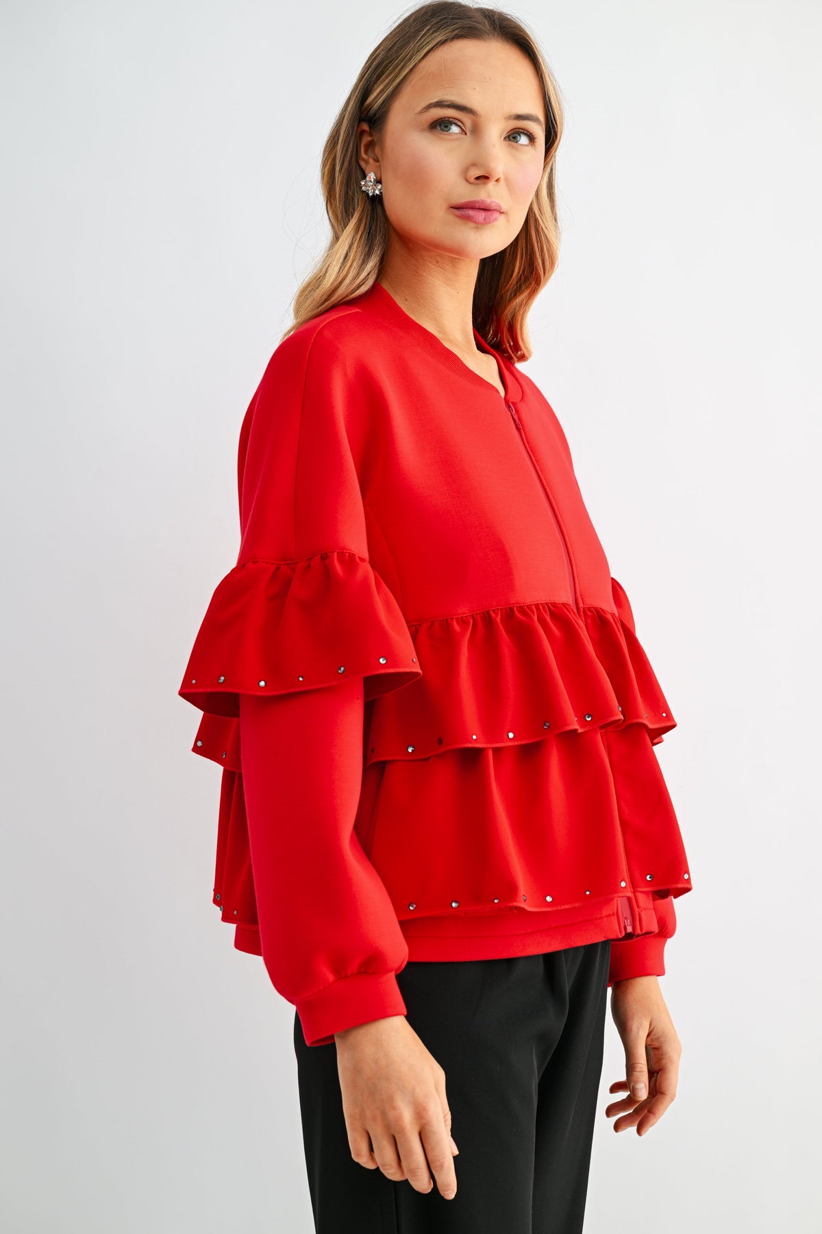 JOH Apparel Fenya Studded Ruffle Scuba Jacket