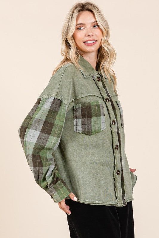 Mittoshop Button Down Contrast Plaid Patchwork Shacket