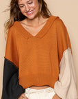 POL Exposed Seam Roll Edge Color Block V Neck Sweater