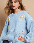 POL Crochet Flower Round Neck Dropped Shoulder Sweater