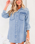 Solid Denim Chest Pocket Raw Hem Shirt Dress