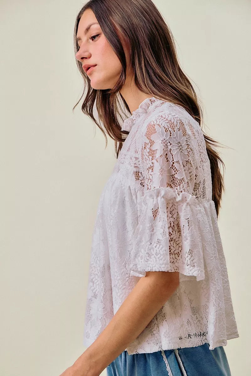 SO ME Lace Ruffled Short Sleeves Swing Top