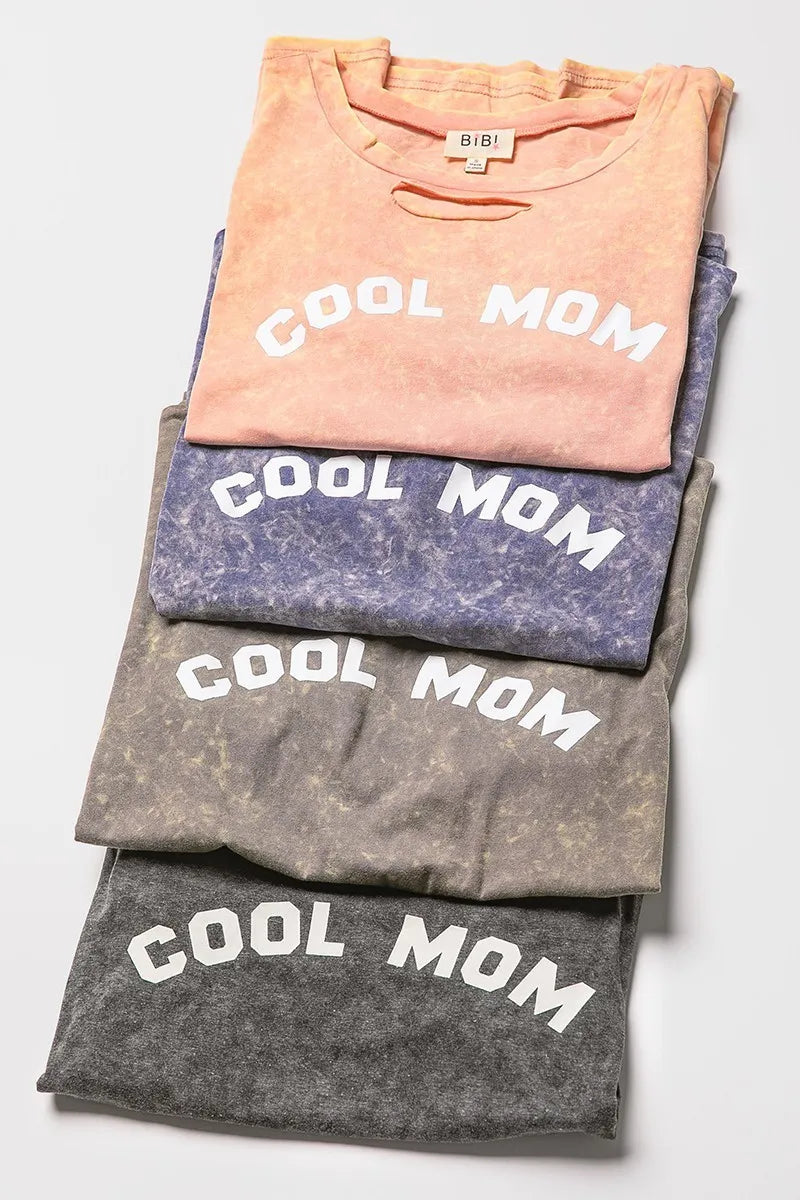 BiBi Washed Laser Cut Detail Cool Mom Print Top in Black