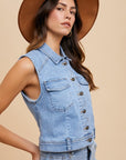 Annie Wear Collared Neck Button Down Denim Vest